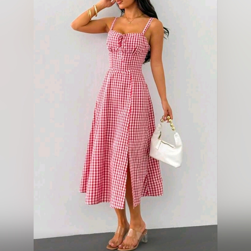 New Gingham Lace Up Back A Line Midi Dress Red White - Picture 4 of 8